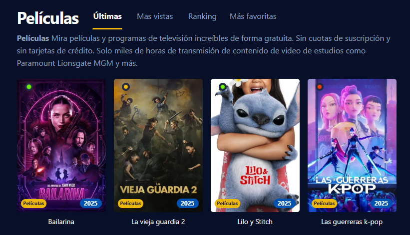 Captura de pantalla de la interfaz de usuario de StreamM4U mostrando pel&iacute;culas y series en alta definici&oacute;n y sin necesidad de registro